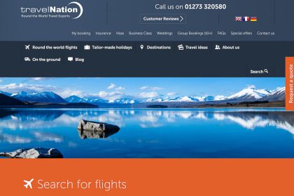 Page d’accueil du site de l’agence Travel Nation, spécialiste des billets tour du monde