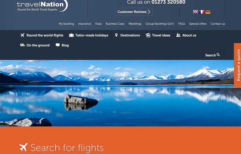 Page d’accueil du site de l’agence Travel Nation, spécialiste des billets tour du monde