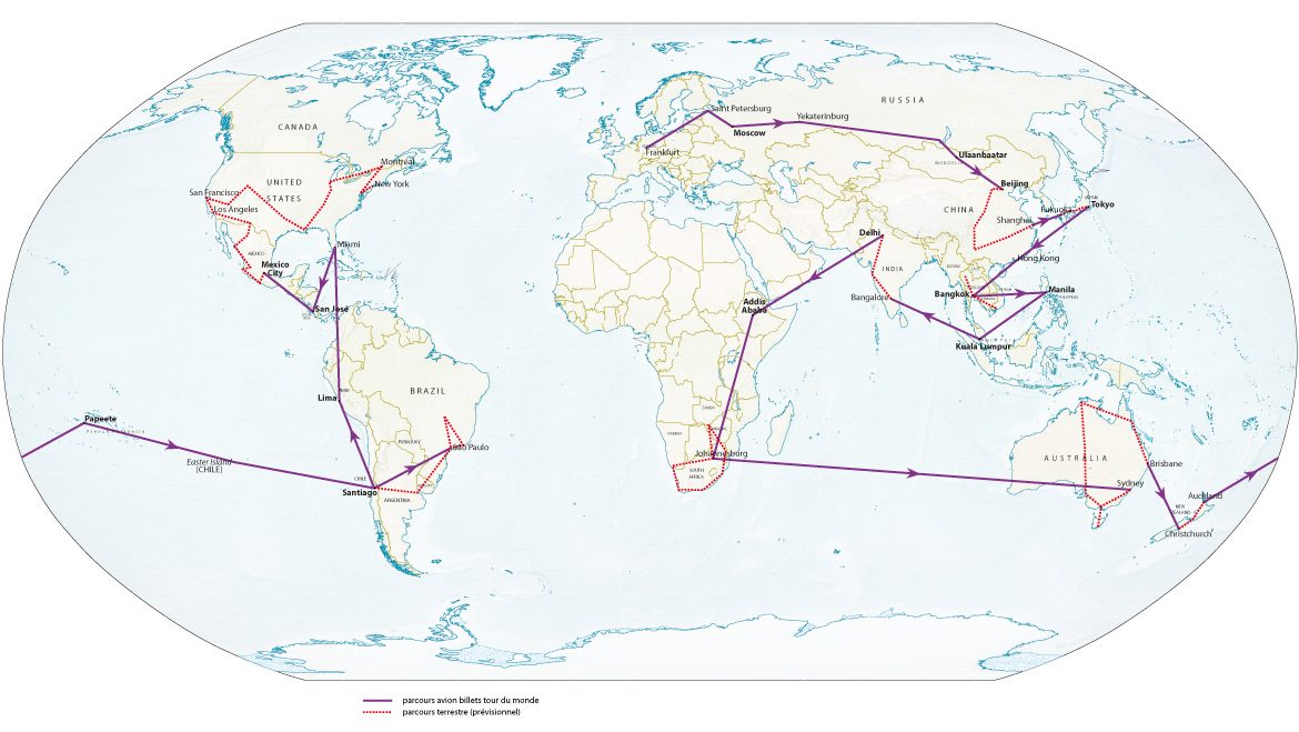 Carte du monde avec le planning prévisionnel de notre tour du monde