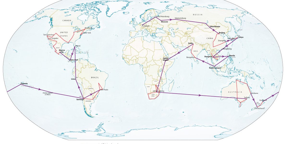 Carte du monde avec le planning prévisionnel de notre tour du monde