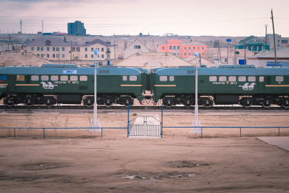Deux locomotives diesel vertes en gare