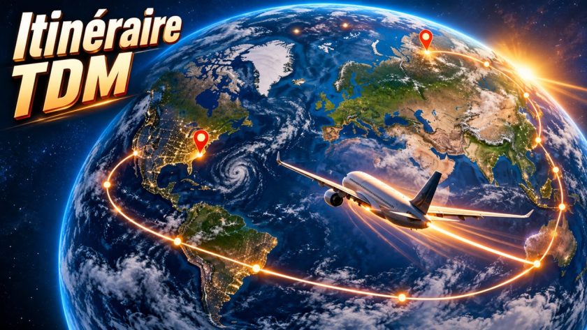 Globe terrestre et avion traçant l’itinéraire de notre tour du monde