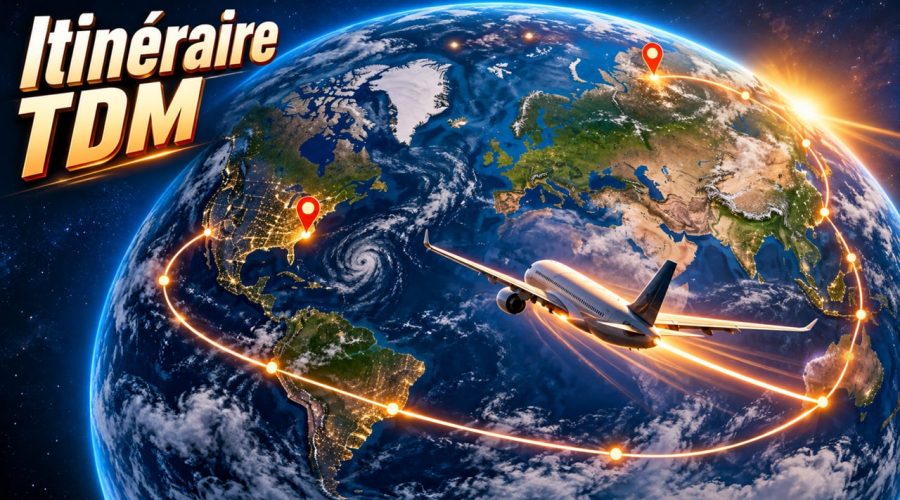 Globe terrestre et avion traçant l’itinéraire de notre tour du monde