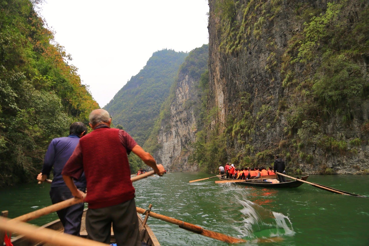 Les « boat trackers » ramant sur la pirogue