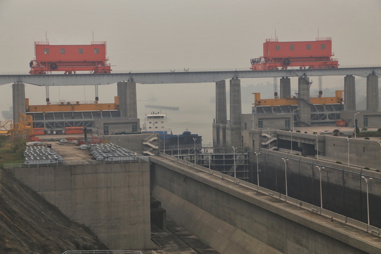 Grues rouges au-dessus du barrage