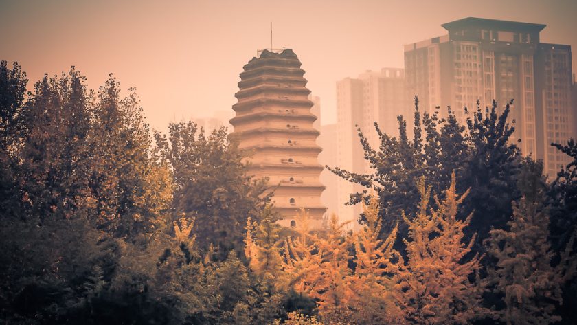 La Petite pagode de l’oie sauvage entre les arbres d’automne, à Xi’an