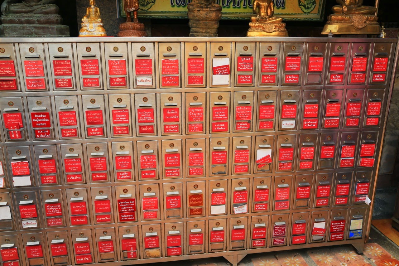 Mur de casiers rouges dans le temple