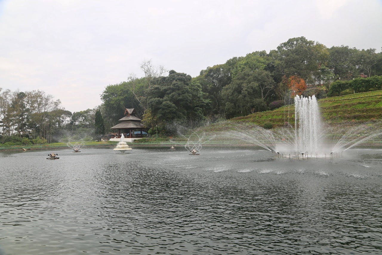 Le lac et ses fontaines au palais Bhubing