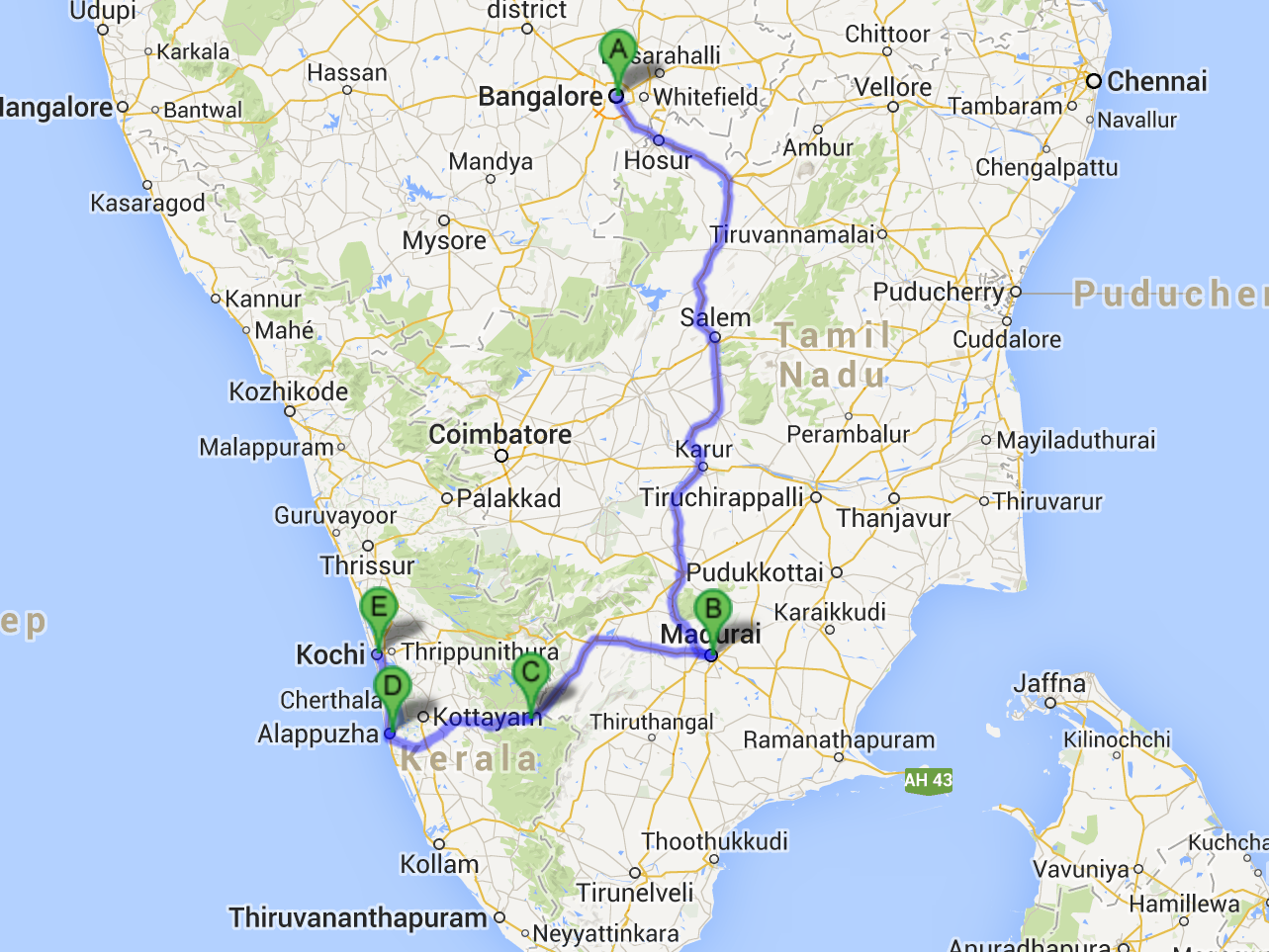 Carte de notre itinéraire dans le sud de l'Inde, de Bangalore à Cochin