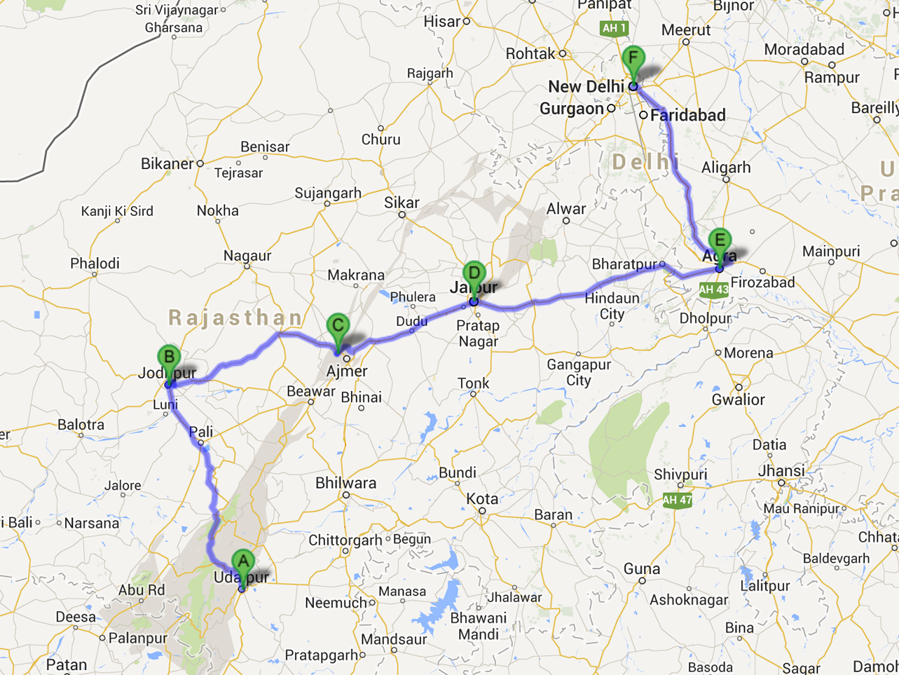 Carte de notre itinéraire au Rajasthan, d'Udaipur à Delhi