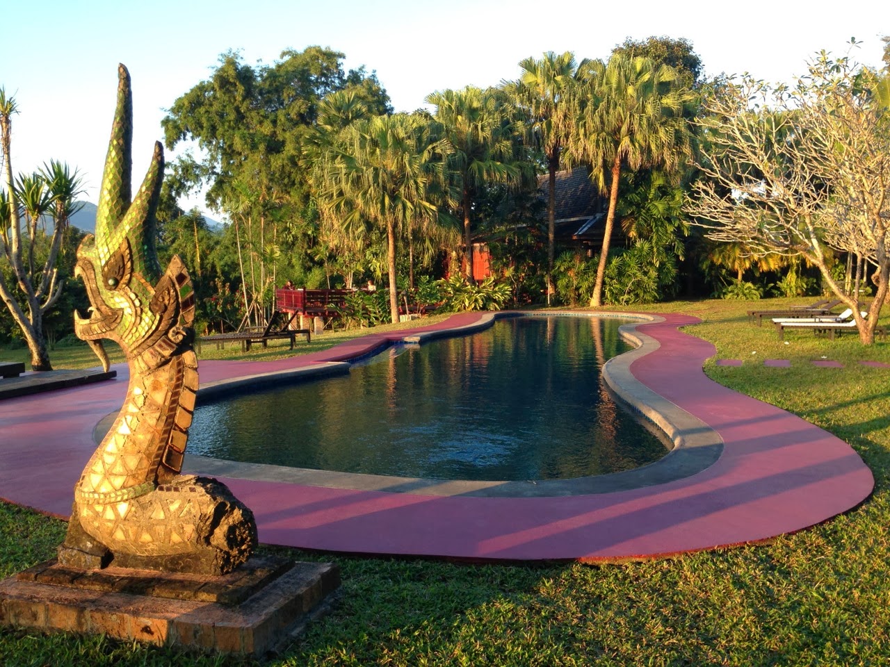 Piscine et statue de naga au Naga Hill de Chiang Rai