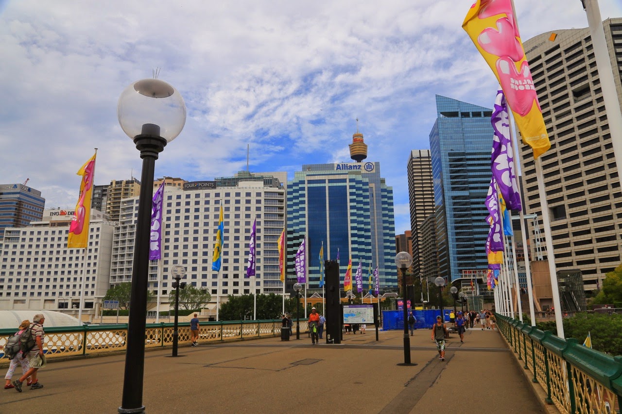 Promenade de Darling Harbour et ses drapeaux