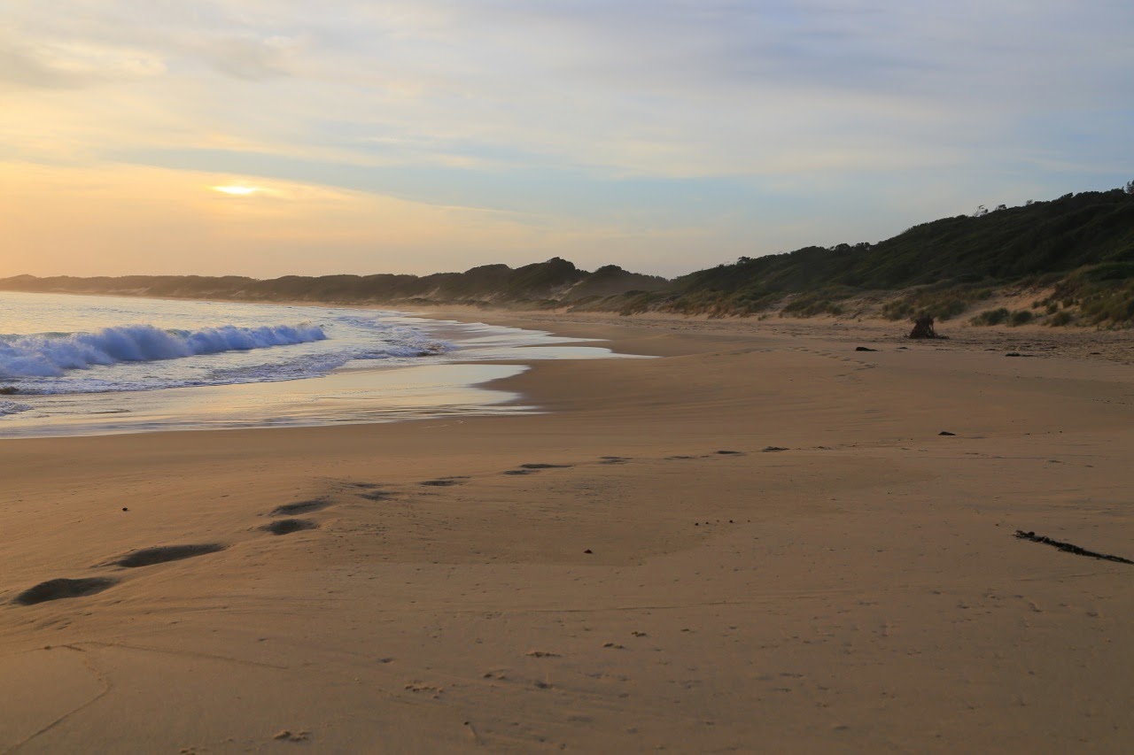 Traces de pas sur la plage au crépuscule