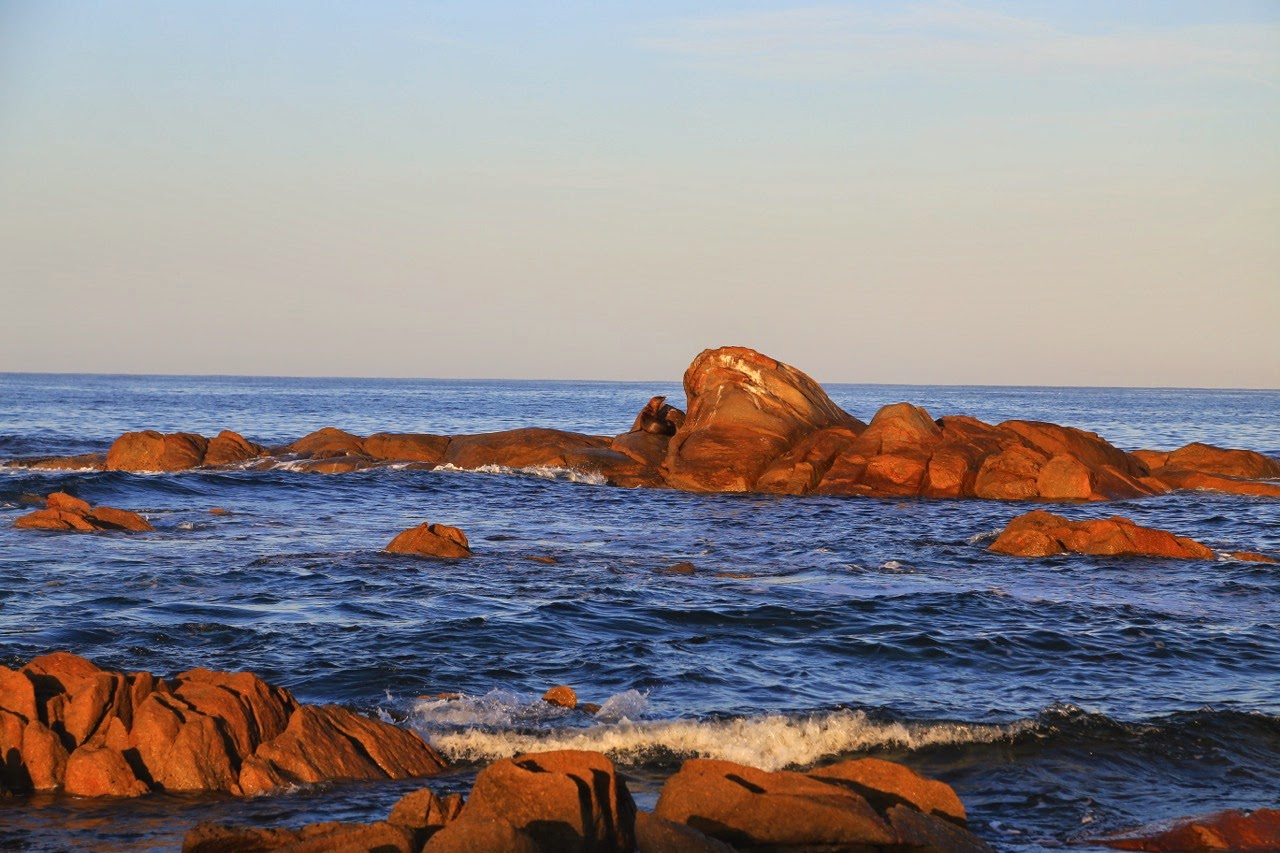 Rochers orangés dans la mer au lever du soleil