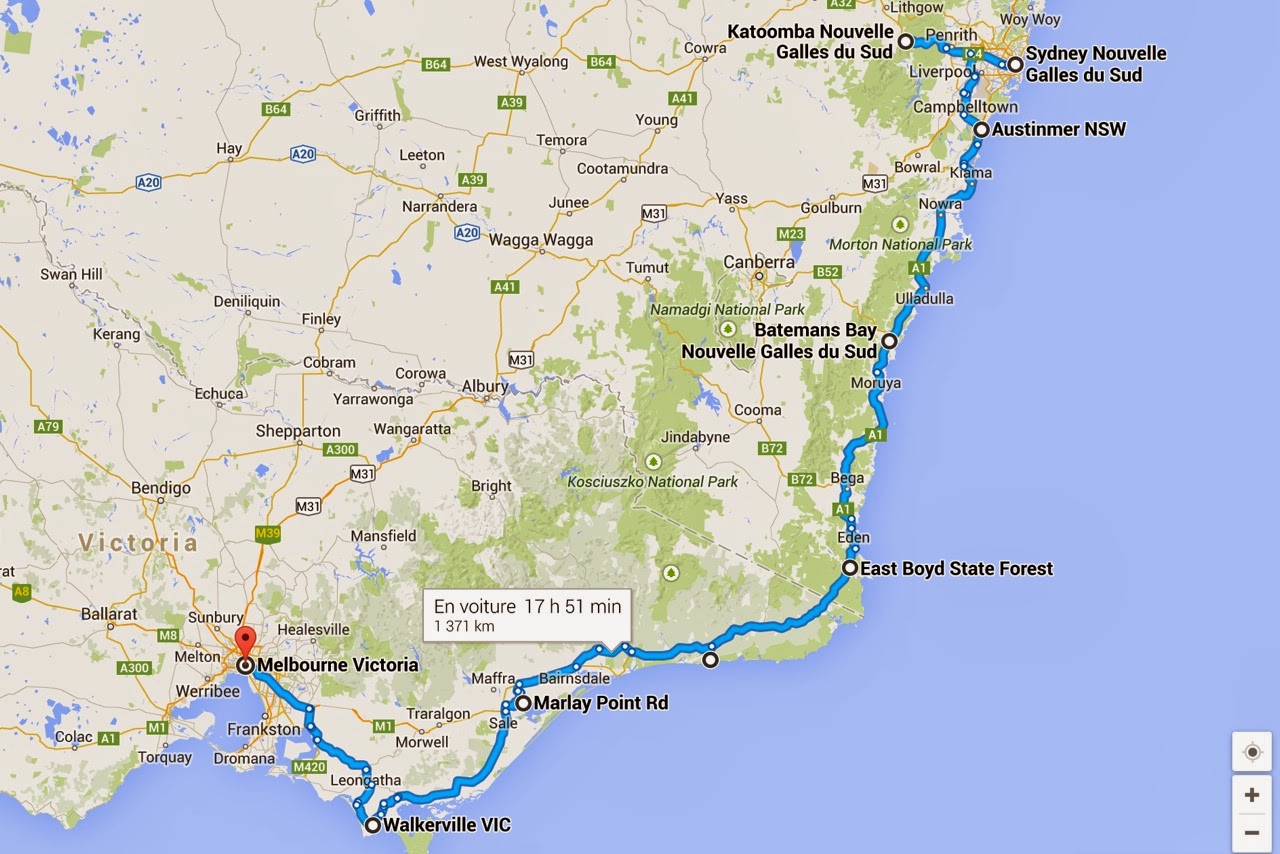 Carte de notre itinéraire de Sydney à Melbourne