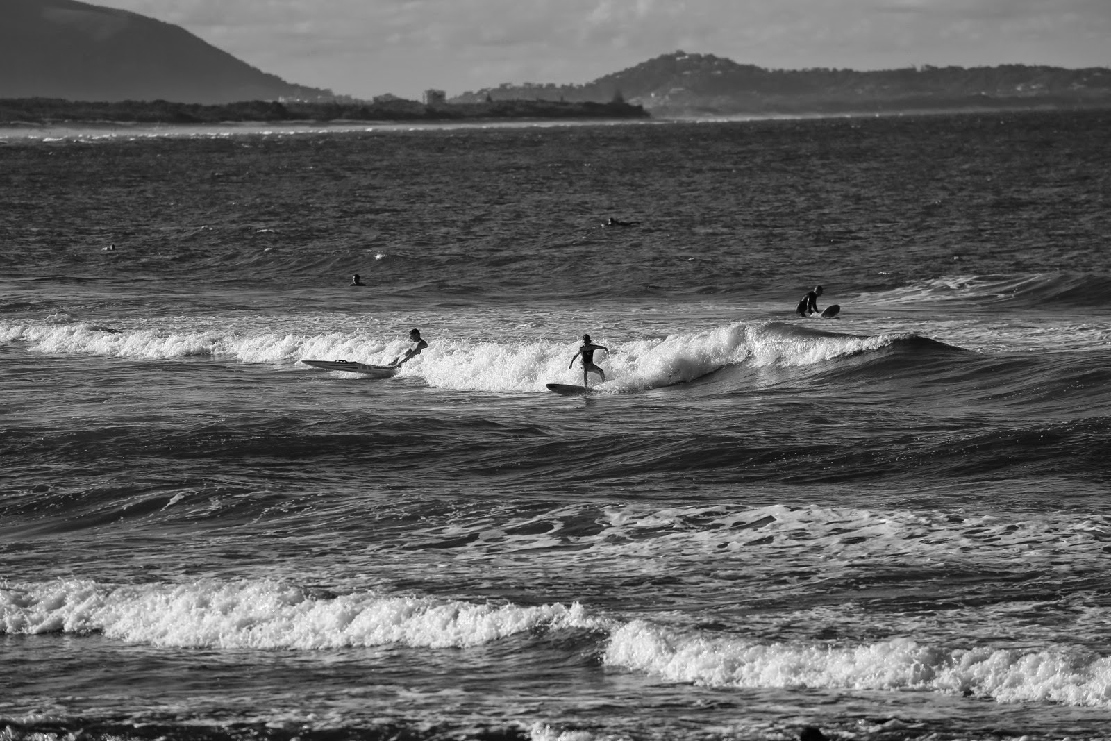 Surfeurs dans les vagues en noir et blanc
