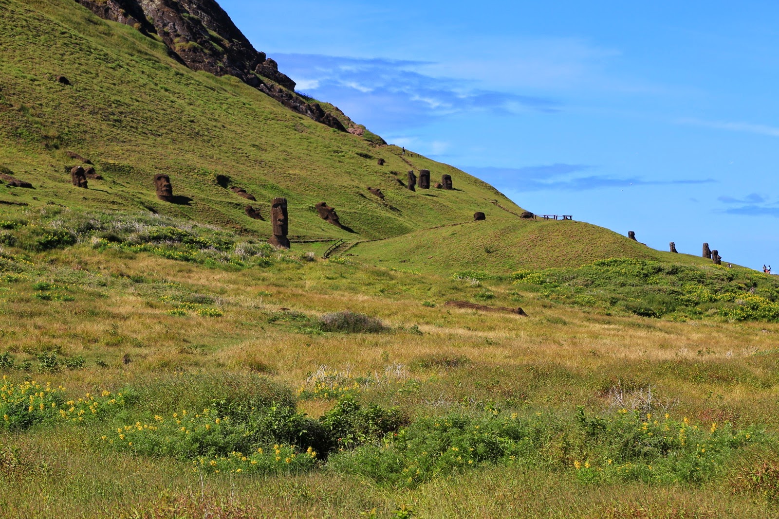 Moai dispersés sur le flanc du volcan