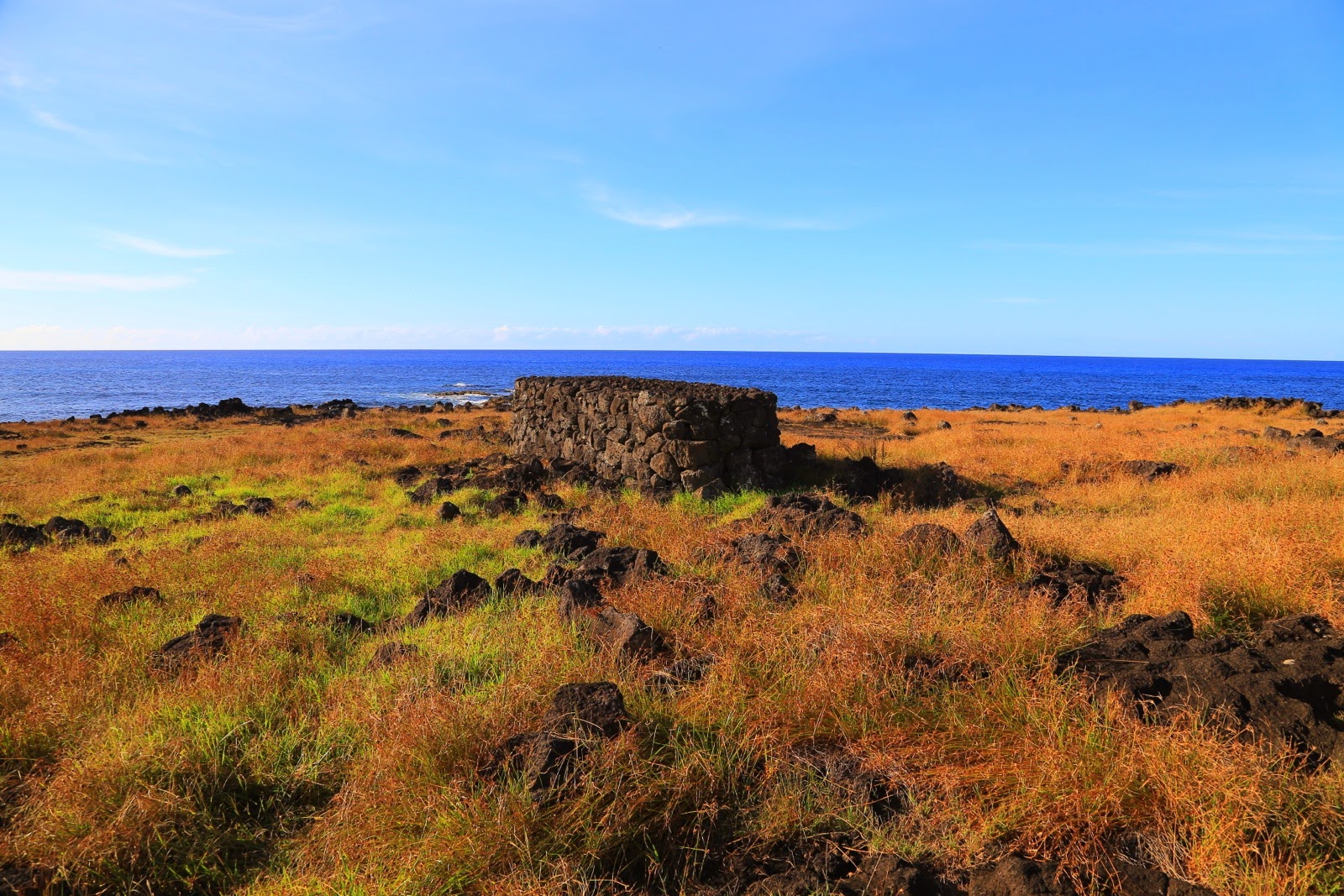Ahu en ruine dans les herbes