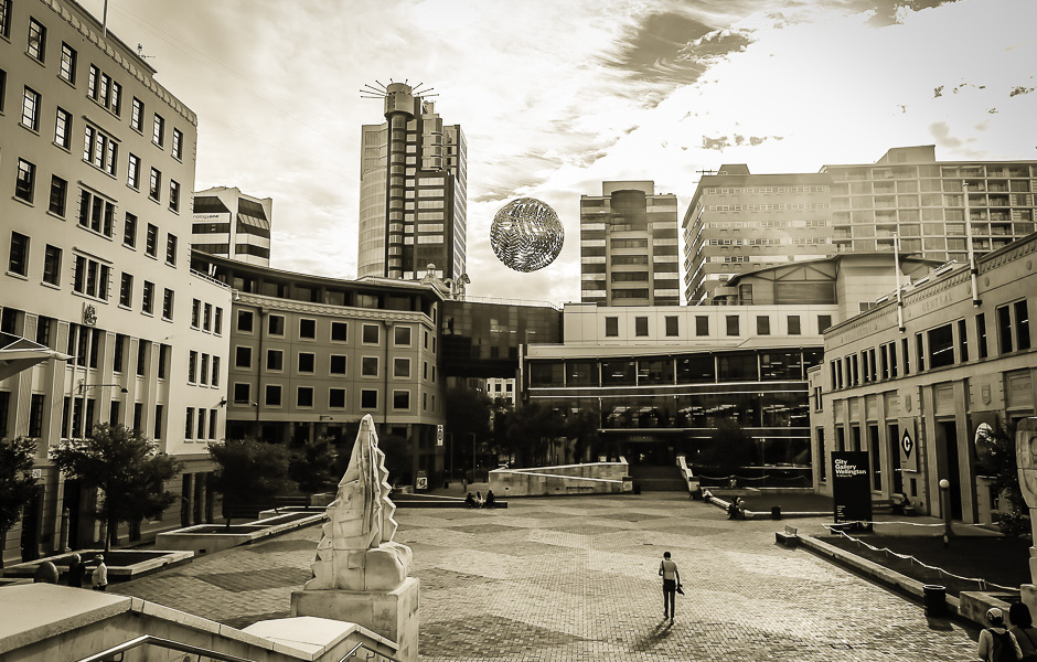 Civic Square de Wellington en noir et blanc