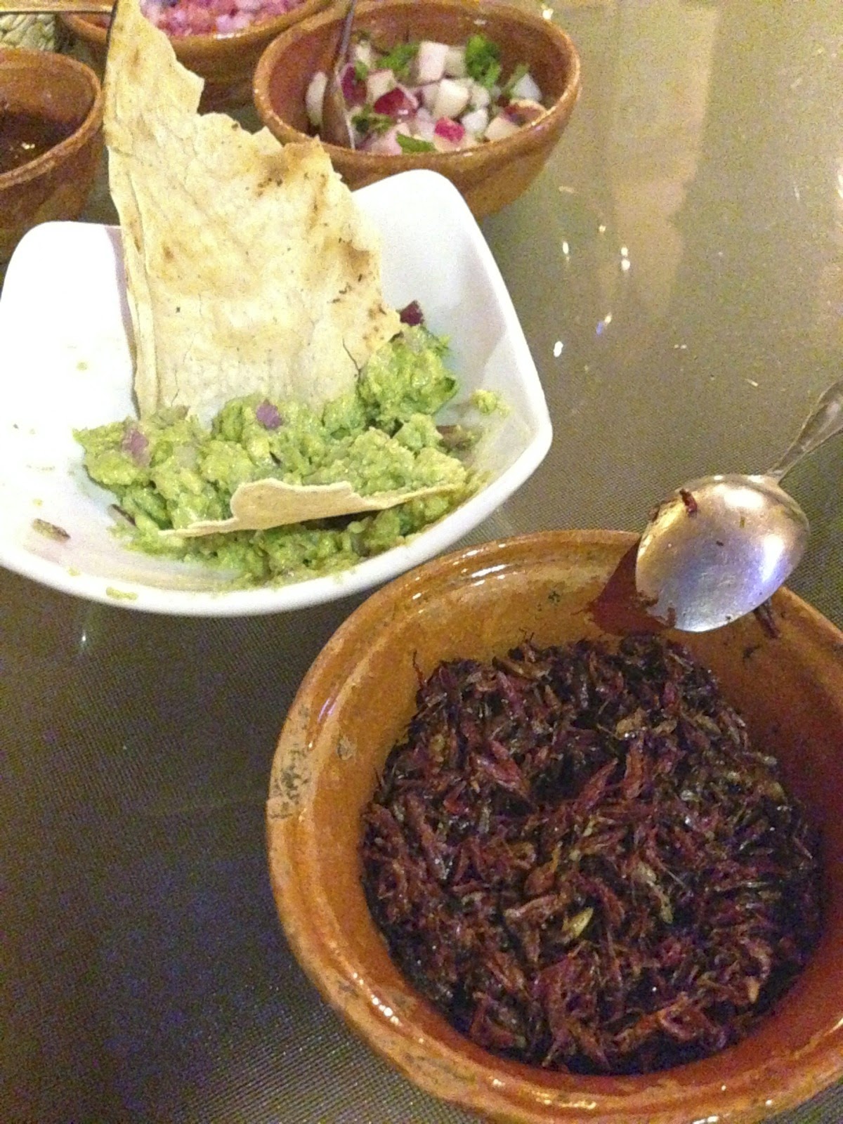 Guacamole et bol de sauterelles grillées, les chapulines