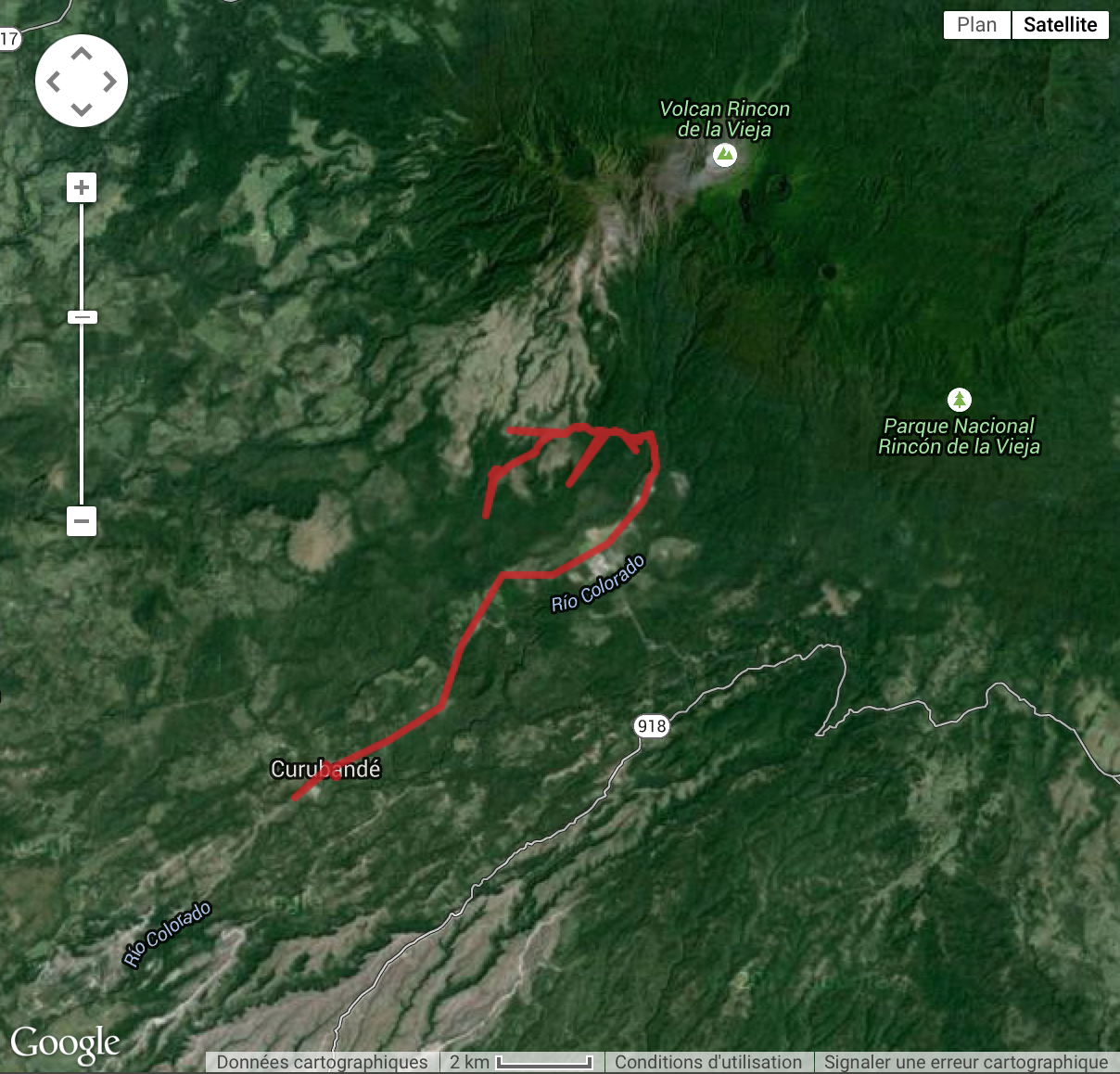 Carte du parcours de randonnée jusqu’aux Cataratas La Cangreja
