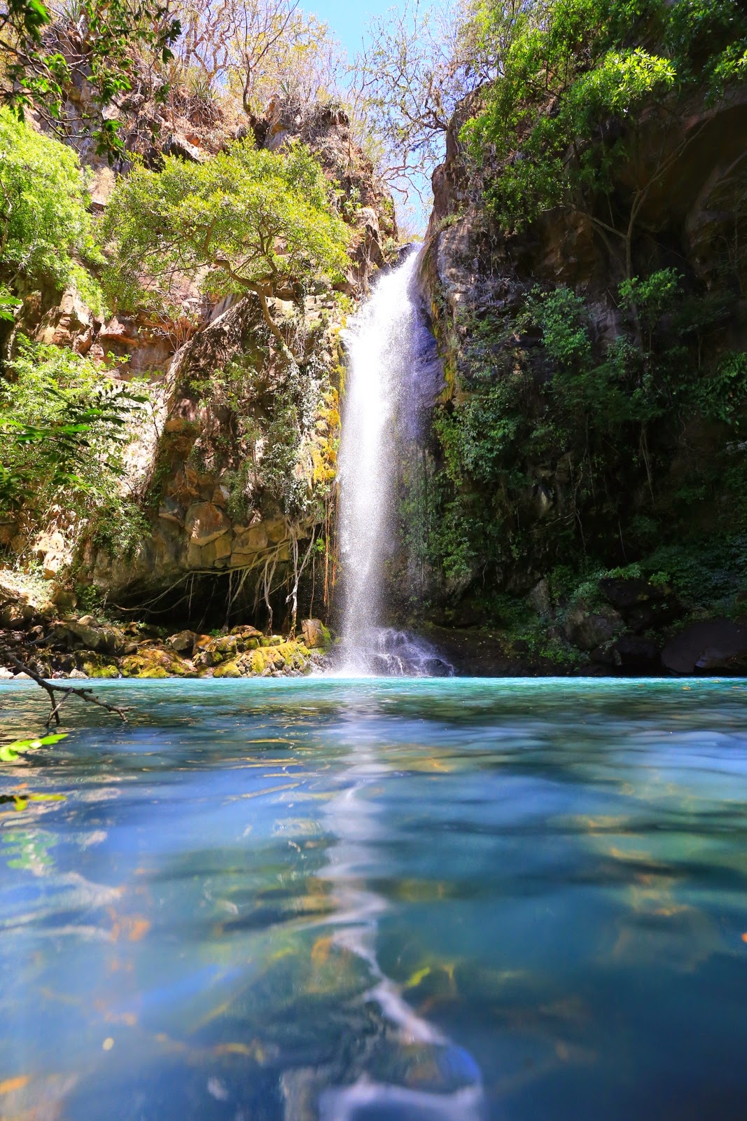 Le bassin bleu turquoise au pied de la cascade La Cangreja