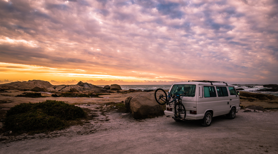 Notre campervan au coucher du soleil en Afrique du Sud